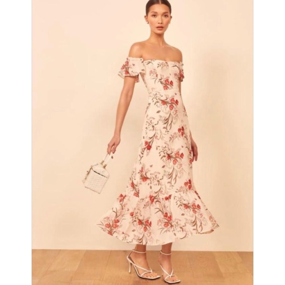 NEW Reformation Butterfly Floral Print Off The Shoulder Crepe Midi Dress Size 6